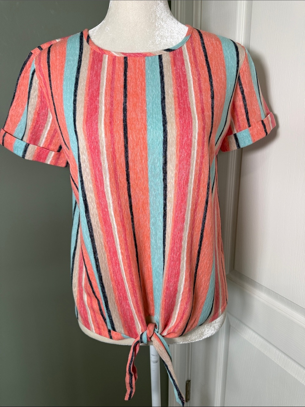 Kim & Cami Striped Tie Front Top Size Small Coral Mint Navy Tan White Pink